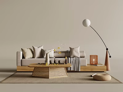 Modern Beige Sofa And Wooden Coffee Table Set With Floor Lamp Throw Pillows And Rug 3d model