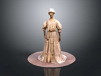 Vintage Style Beige Long Dress With Puffed Sleeves And Pleated Design On Mannequin With Hat 3d model