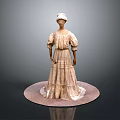 Vintage Style Beige Long Dress With Puffed Sleeves And Pleated Design On Mannequin With Hat