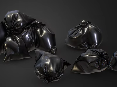 Multiple Black Shiny Trash Bags Packaged And Tied On Dark Background 3d model