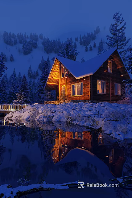 Stunning Snowy Winter Night Landscape With Warm Lit Log Cabin Beside Calm Lake In Forest 3d model 