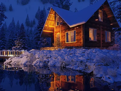 Stunning Snowy Winter Night Landscape With Warm Lit Log Cabin Beside Calm Lake In Forest 3d model