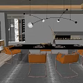 Modern Restaurant Interior With Dining Table Leather Chairs Hanging Lights And Fireplace Decor 3d model