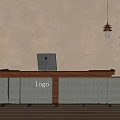 Elegant Reception Desk Featuring Wooden Stone Panels Logo Beige Wall Pendant Light And Potted Plant