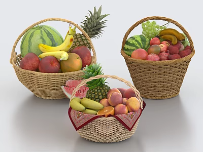 Assorted Fresh Fruits in Three Wicker Baskets 3d model