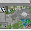 Courtyard Garden With Stone Patio Green Plants Round Table Rock Decorations And Water Feature