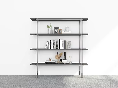 Modern Bookshelf With Metal Frame Shelves Holding Books Framed Photos And Plants 3d model