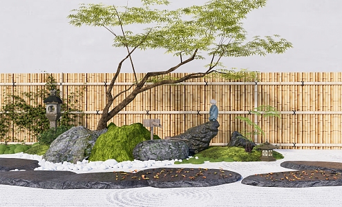 Courtyard sketch dry landscape maple landscape tree water bowl stone lamp rockery stone dry landscape 3d model