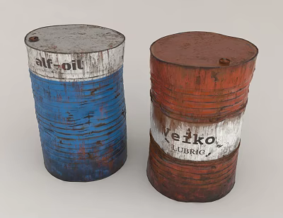 Two Rusty Oil Barrels With Different Labels 3d model