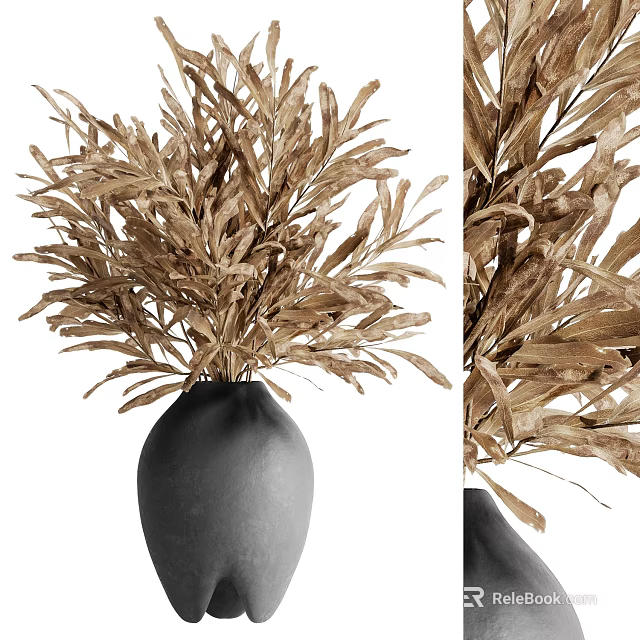 Black Ceramic Vase With Brown Dried Flowers For Stylish Indoor Decorative 3d model 