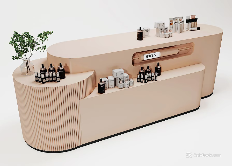 Modern Light Brown TV Stand With Layered Shelves And Decorative Bottles Potted Plant 3d model 