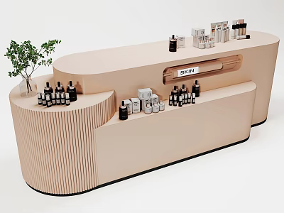 Modern Light Brown TV Stand With Layered Shelves And Decorative Bottles Potted Plant 3d model