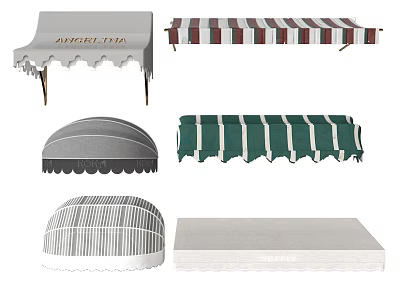 Stylish Awnings Featuring Multiple Designs Such As Striped Semicircular And Flat Top Styles 3d model