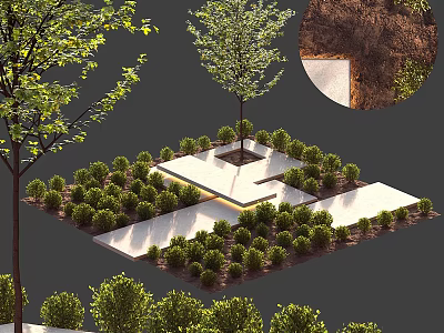 Park Landscape With Square Stone Platform Green Trees And Neat Shrubs Layout 3d model