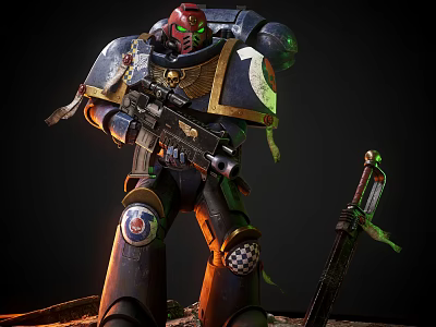 Armored Game And Movie Character With Blue Gold Armor Red Helmet Large Gun And Sword 3d model