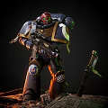 Armored Game And Movie Character With Blue Gold Armor Red Helmet Large Gun And Sword