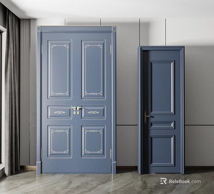 Blue Double Doors With Decorative Panels And Single Door In Interior Setting 3d model