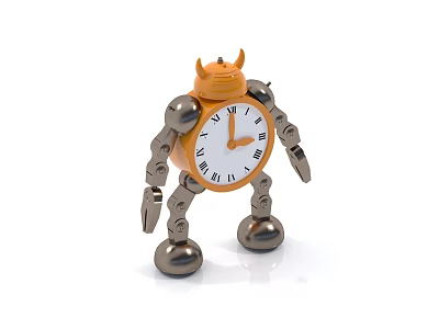 Robot Shaped Clock With Orange Top Silver Mechanical Arms And Legs White Dial 3d model