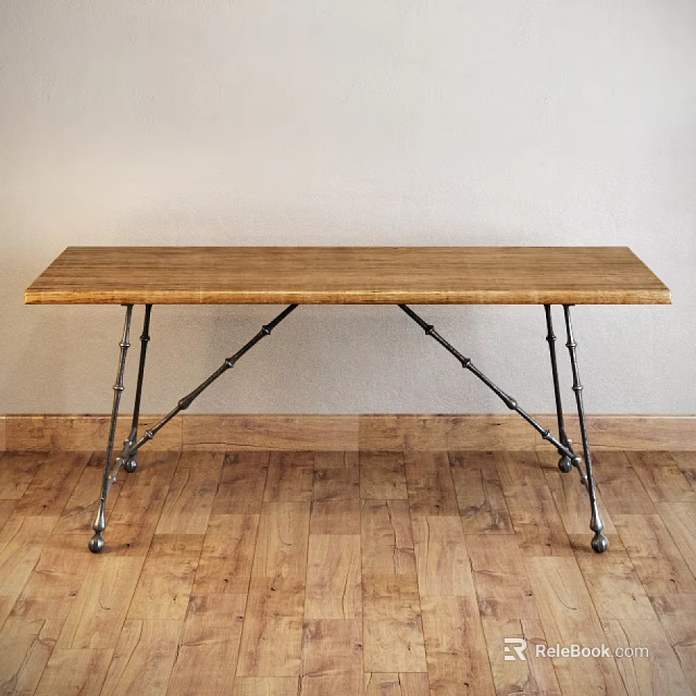 Rustic Wooden Dining Table With Metal Brackets Legs On Wooden Floor Interior 3d model 