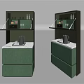 Modern Green Sideboard With Marble Top Open Shelves Drawers Kettle And Glasses