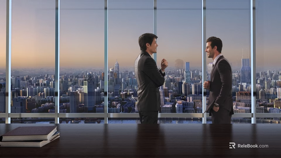 Modern Office Interior With Men In Suits Conversing By Large Windows And City Skyline 3d model 