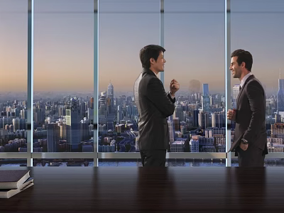Modern Office Interior With Men In Suits Conversing By Large Windows And City Skyline 3d model