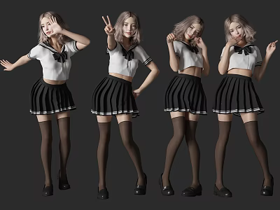 Women in White Tops with Black Bows and Black Pleated Skirts Posing in Various Styles 3d model
