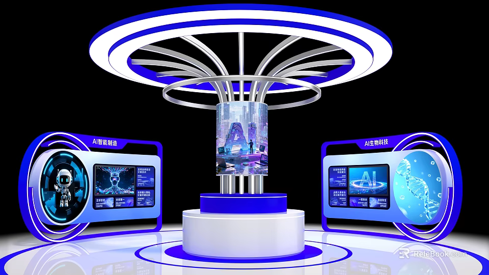 Modern Exhibition Island With Illuminated Rings Blue White Design And Display Screens 3d model 