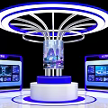 Modern Exhibition Island With Illuminated Rings Blue White Design And Display Screens