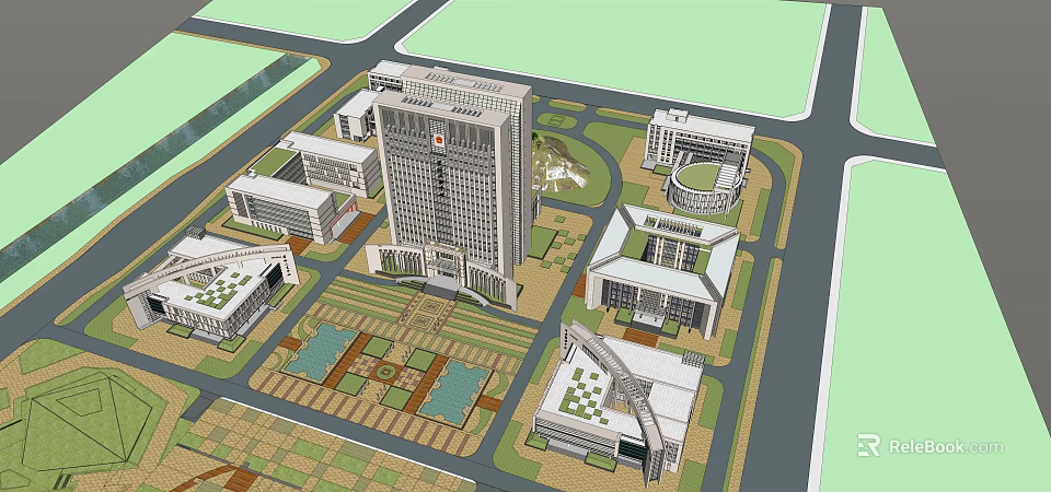 Modern Office Building Complex With Landscaped Plaza And Surrounding Structures 3d model 