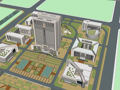 Modern Office Building Complex With Landscaped Plaza And Surrounding Structures 3d model