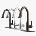 Collection of Modern Faucets in Different Colors with Curved Neck Control Knobs and Metallic Finish