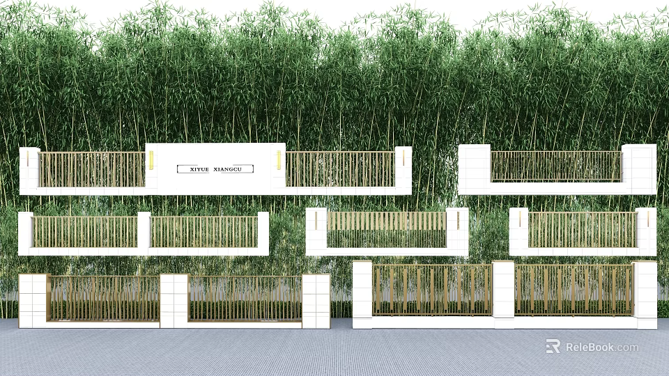 Building Exterior Wall With West Garden Sign White Structure Golden Railings And Bamboo Grove 3d model 