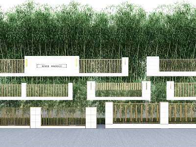 Building Exterior Wall With West Garden Sign White Structure Golden Railings And Bamboo Grove 3d model