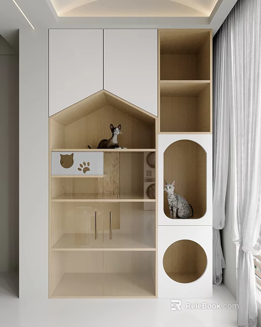 Wooden And White Cat Furniture With House Shaped Compartments And Cats Inside 3d model 