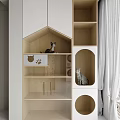Wooden And White Cat Furniture With House Shaped Compartments And Cats Inside