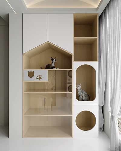 Wooden And White Cat Furniture With House Shaped Compartments And Cats Inside 3d model
