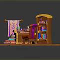 Vibrant Yellow Desk with Red Chair Bookshelf Colorful Items Purple Accents on Wooden Floor