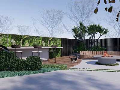 Courtyard Garden Design With Green Wall Outdoor Bar Fire Pit Palm Trees And Wooden Deck 3d model