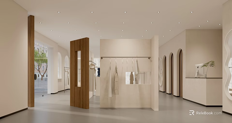 Bright Modern Clothing Store Interior With Minimalist Design Hanging Racks And Display Areas 3d model 