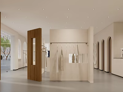Bright Modern Clothing Store Interior With Minimalist Design Hanging Racks And Display Areas 3d model