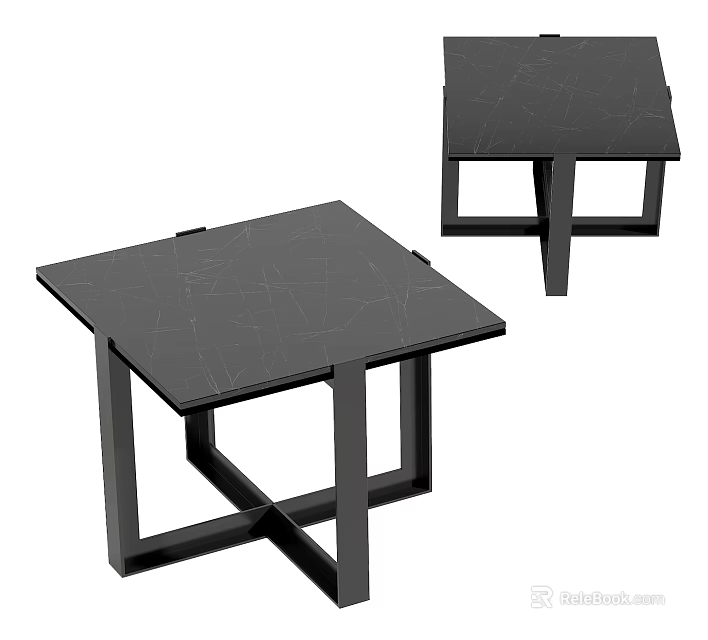 Black Side Table with Cracked Texture Top and Modern Metal Frame Design 3d model