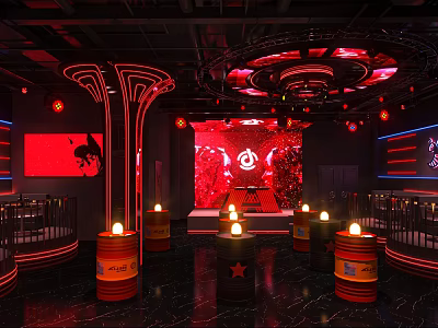 Stylish Bar Interior Design With Red Neon Lights Barrel Seats Stage And Lounge Atmosphere 3d model
