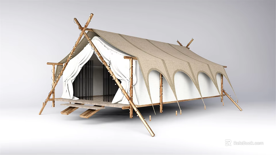 Traditional Camping Tent with Wooden Frame Beige White Fabric Arched Design Spacious Entrance and Steps 3d model 