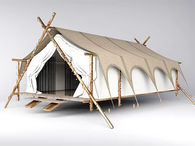 Traditional Camping Tent with Wooden Frame Beige White Fabric Arched Design Spacious Entrance and Steps 3d model