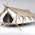 Traditional Camping Tent with Wooden Frame Beige White Fabric Arched Design Spacious Entrance and Steps