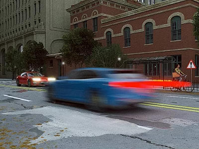 Vibrant Commercial Street Featuring Red Brick Buildings Arched Windows Street Trees And Moving Cars 3d model