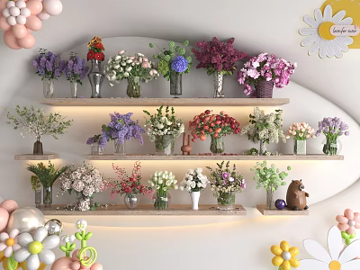 Colorful Floral Arrangements In Decorative Vases On Multiple Layered Shelves 3d model