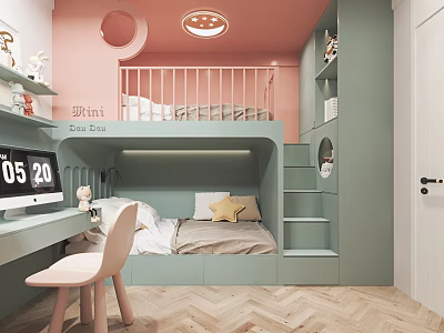 Cozy Kids Room With Bunk Bed Pastel Colors And Desk 3d model