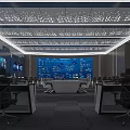 Modern Monitoring Room Interior With Large Screens Control Desks And Office Chairs